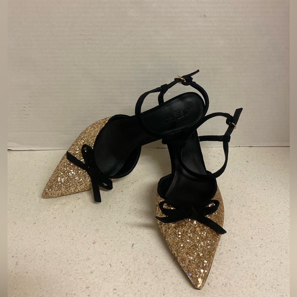 J. Crew Gold Glitter Bow Pointed-Toe Ankle Strap Kitten Heels